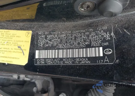 2004 Lexus Es z USA, uszkodzony, nr VIN JTHBA30G945022350